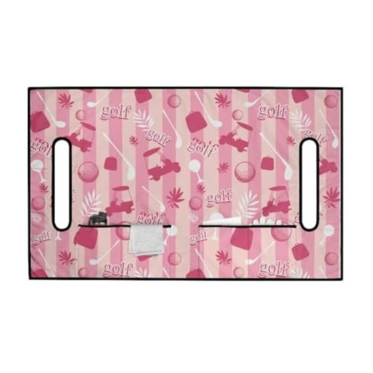 Rectangular pink golf cart seat cover towel with golf pattern and handle cutouts at sides