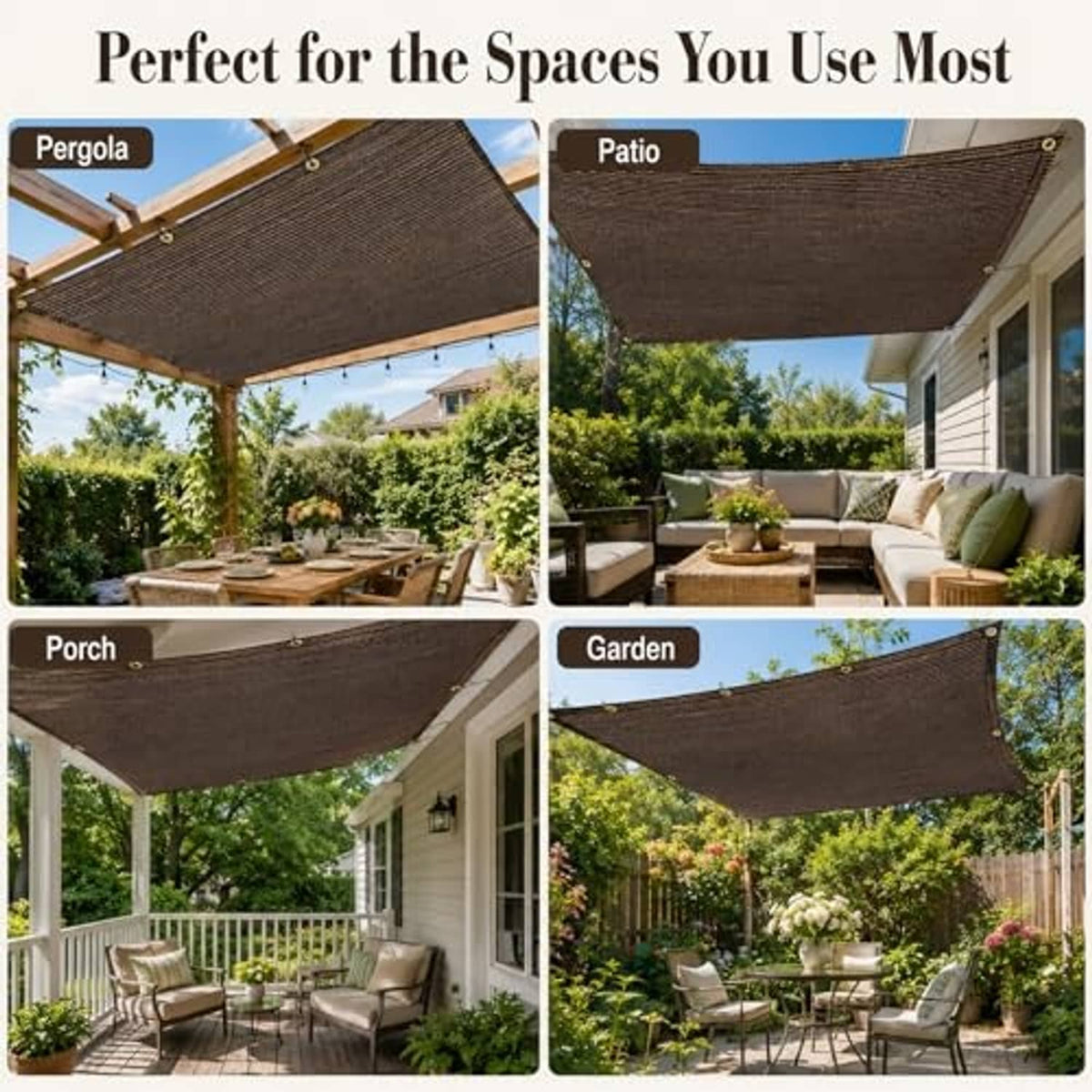 Brown sun shade cover stretched on pergola, with corner grommets for tying