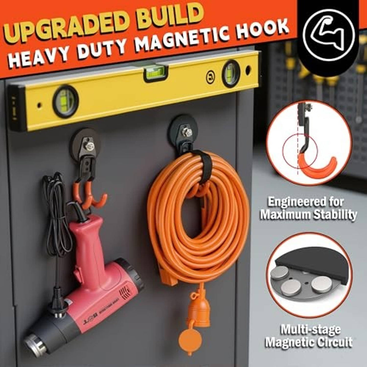 Orange heavy-duty magnetic hook set on a yellow toolbox wall with coiled cord