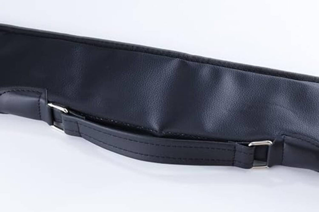 Black soft cue case with adjustable buckle strap across the front