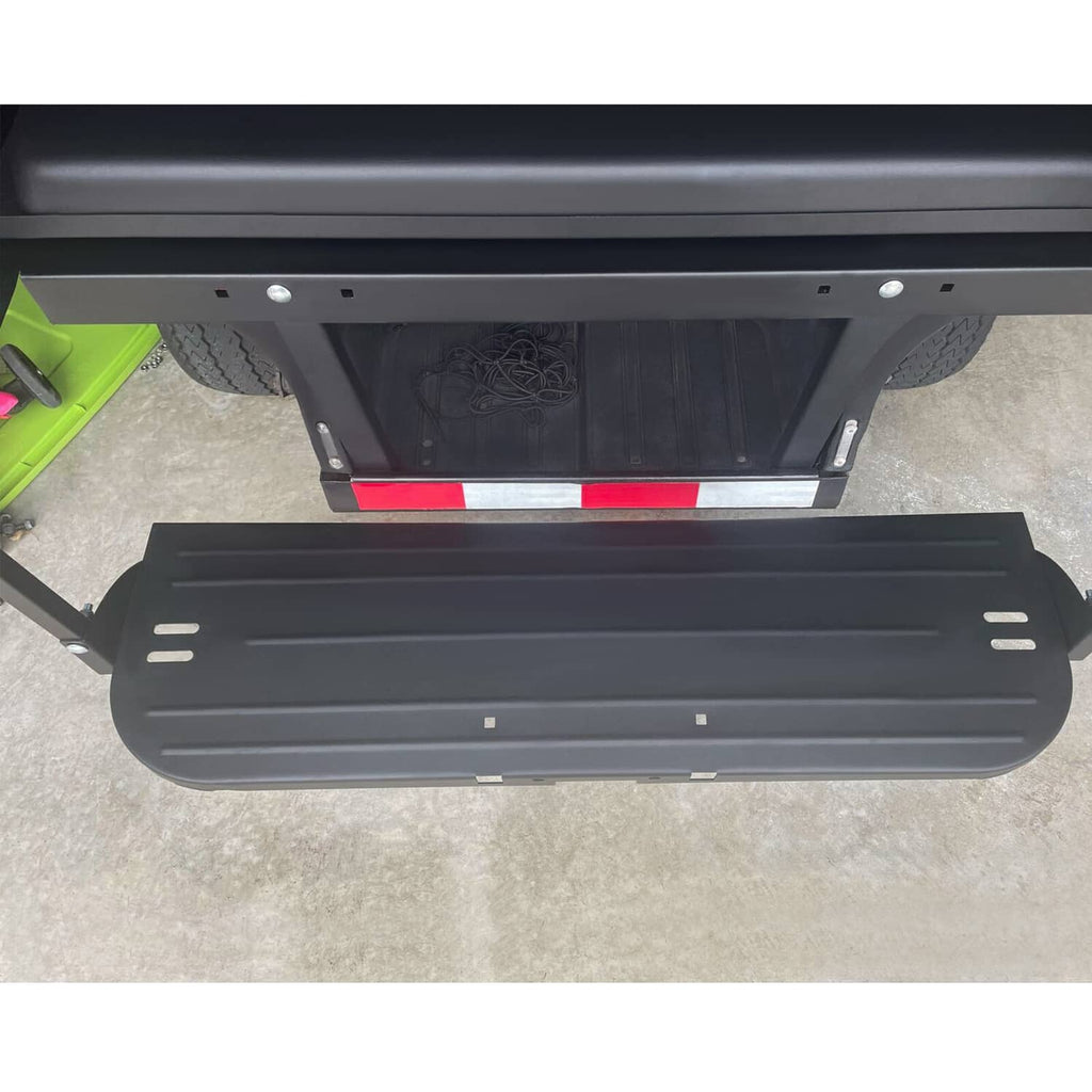 Black flip-folding rear back seat kit with open cargo platform and textured tray