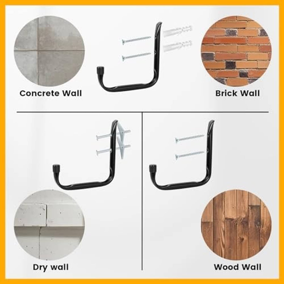 Wall-mount J hooks for concrete, brick, dry wall, and wood surfaces