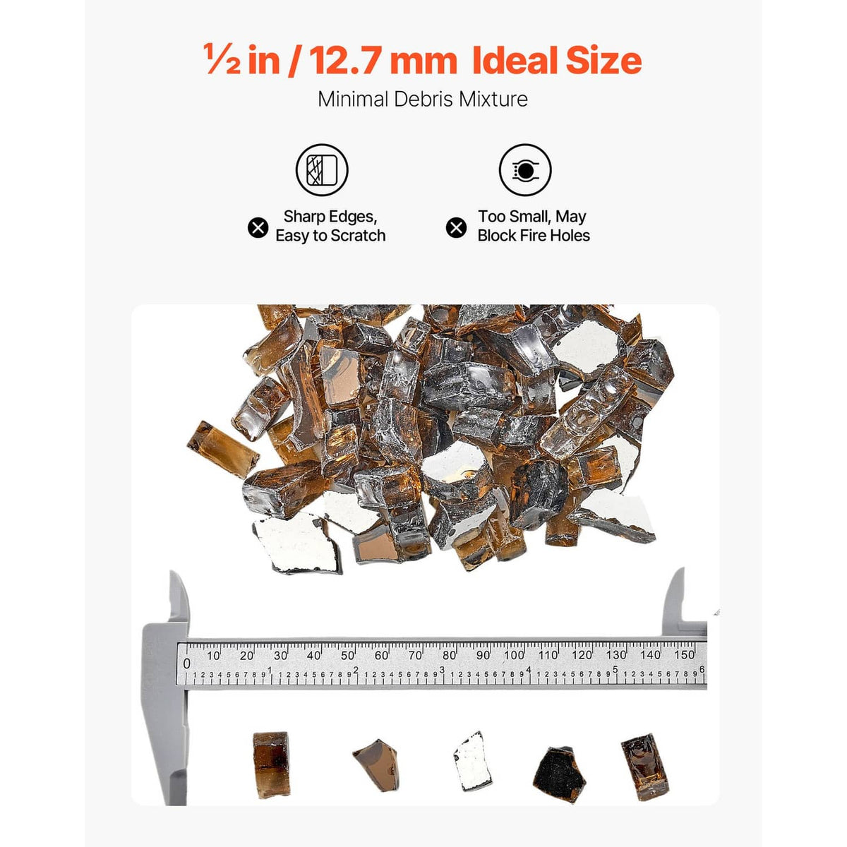 Crushed copper glass fire pit rocks with ruler showing 1/2-inch size pieces