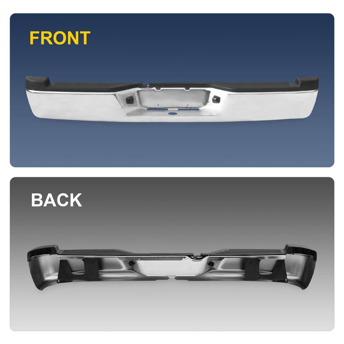 Chrome steel rear step bumper assembly shown from front and back views