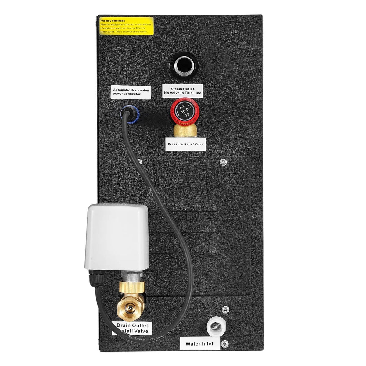 Steam generator controller rear panel with water inlet and pressure relief valve