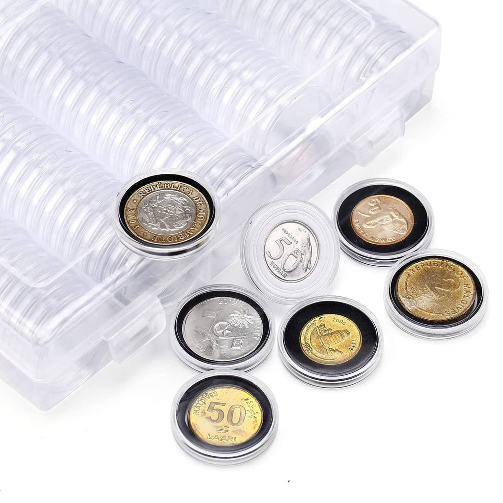 Transparent plastic case with multiple coins inside clear capsules and black pads