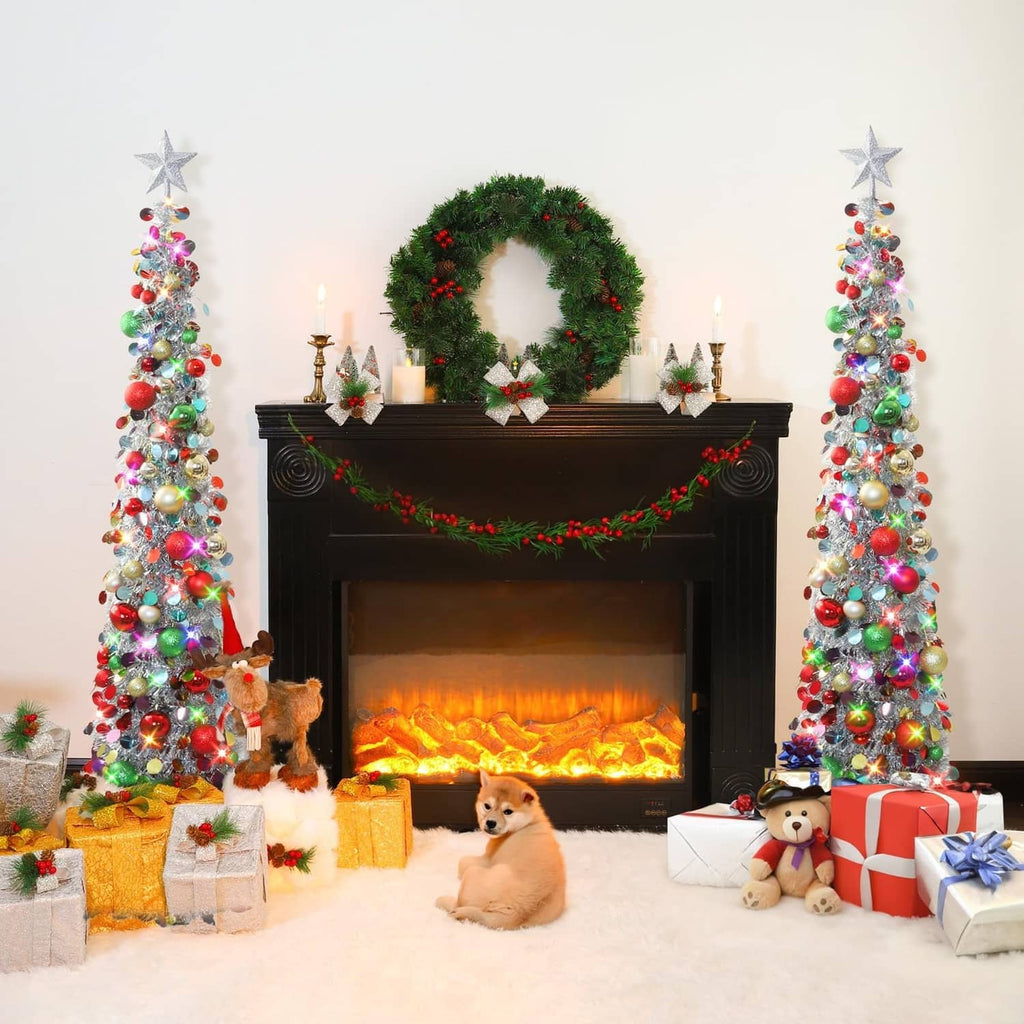 Two lit 5 ft silver-mix tinsel Christmas trees with star toppers and multicolor baubles