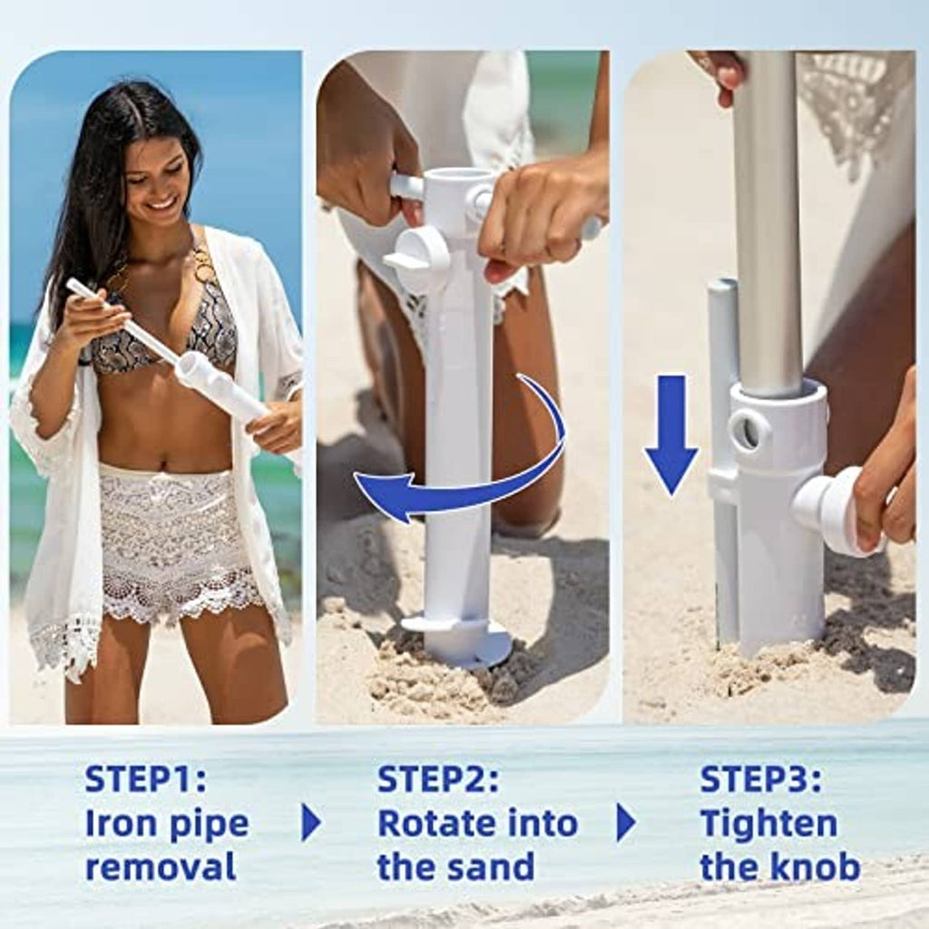 Beach umbrella sand anchor installation steps: remove, rotate, insert, and tighten knob