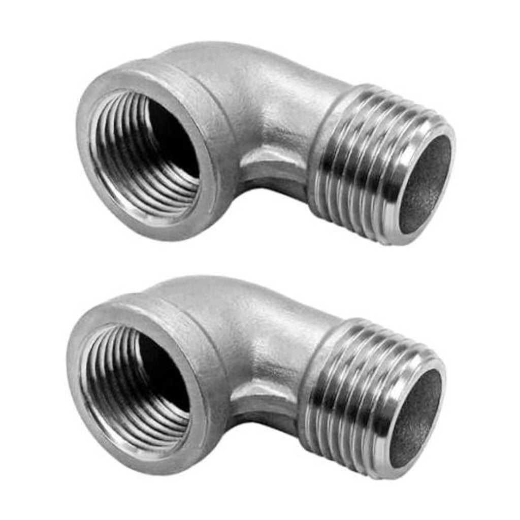 Pair of 90-degree stainless steel elbow fittings with NPT male threads