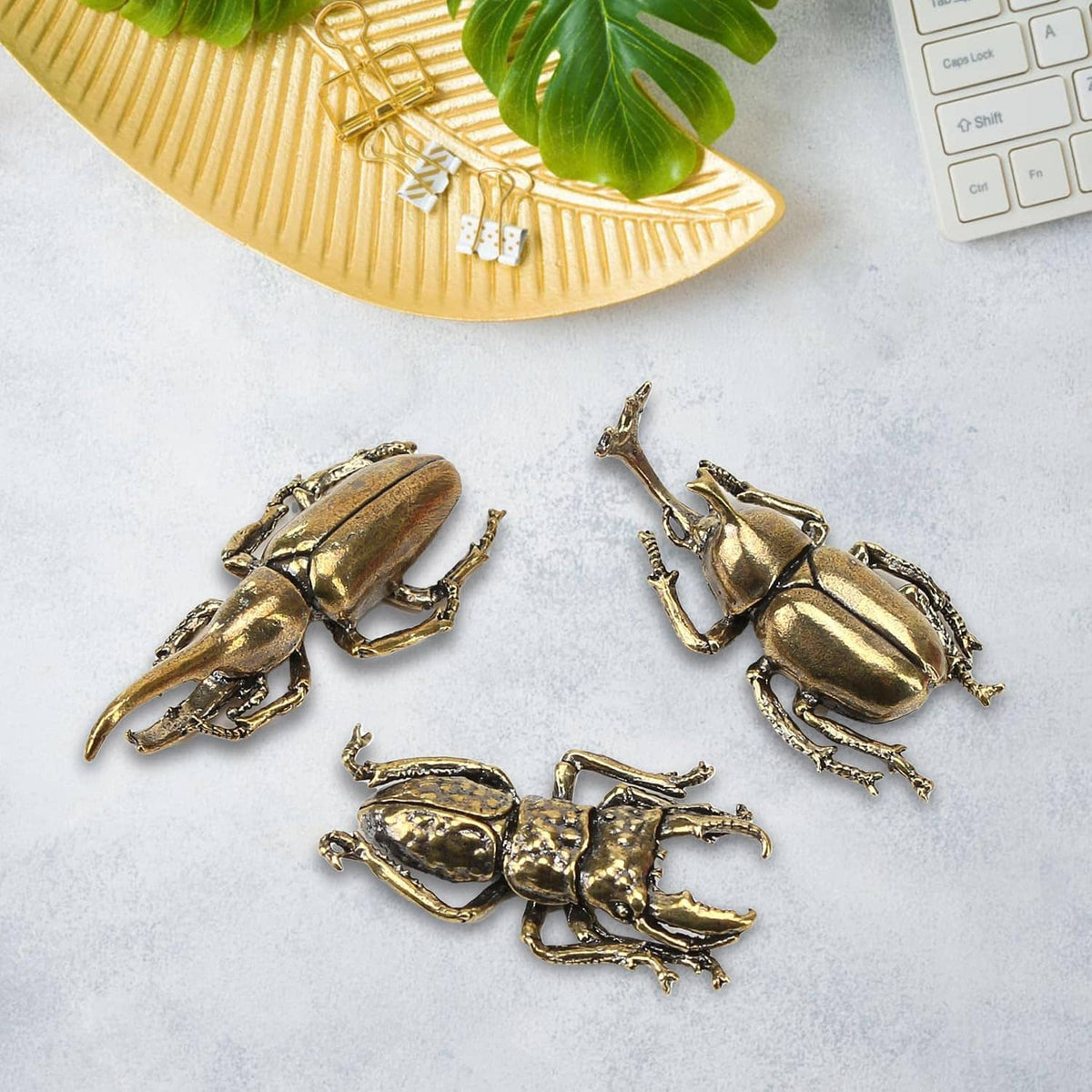 Three brass beetle figurine ornaments arranged together on a light tabletop
