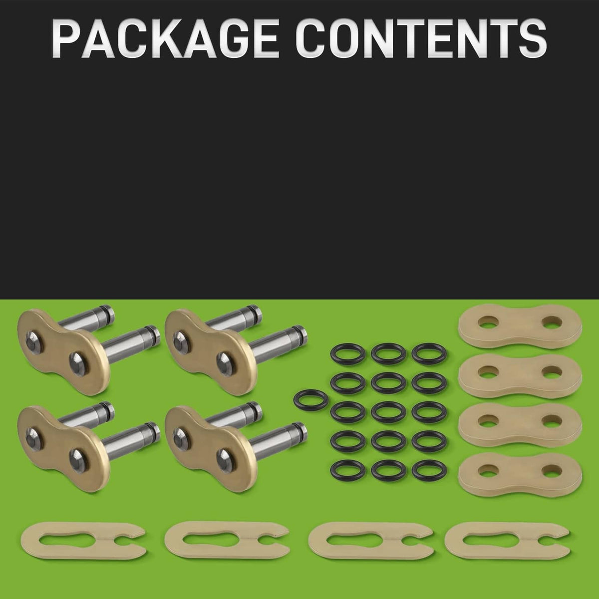 Gold connecting links with O-ring seals, shown laid out as package contents