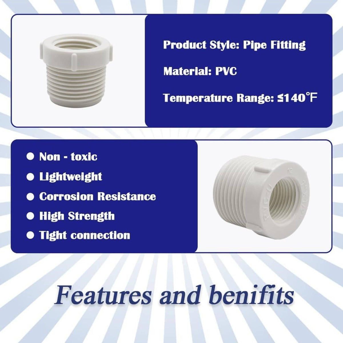 White PVC pipe fitting connector, single threaded coupling shown on features panel