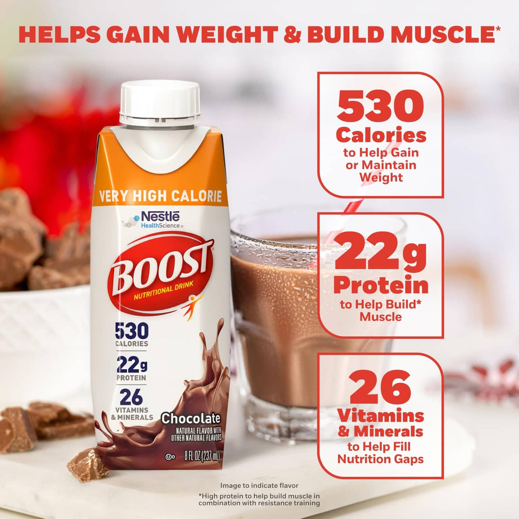 BOOST high-calorie drink carton showing 530 calories, 22g protein, 26 vitamins