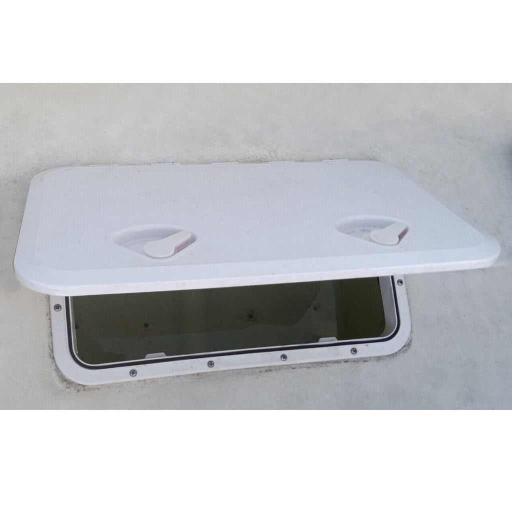 White marine deck hatch installed with closed lid and two recessed handles