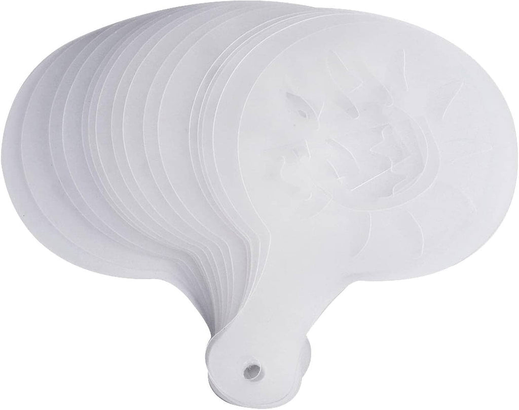 Plastic coffee stencils, stacked white sheets with cutout pattern and hanging hole