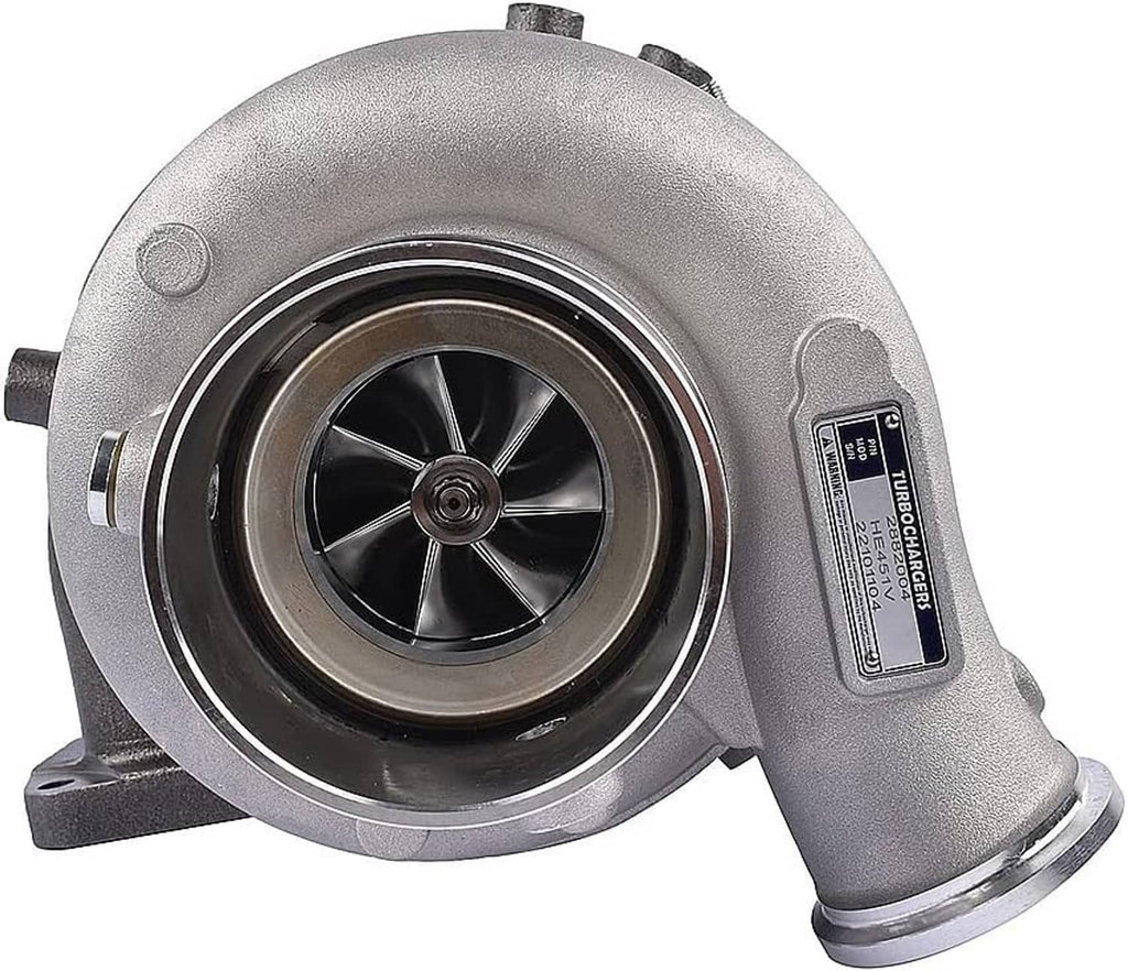 Turbocharger front angled view with compressor wheel and identification label
