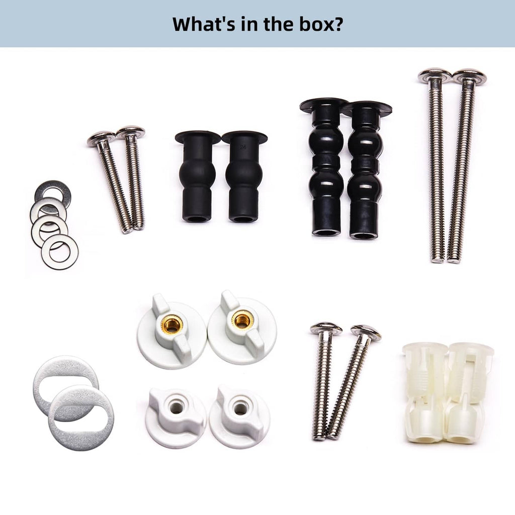 Universal toilet seat screw kit with metal bolts, black posts, white caps, washers, and spacers