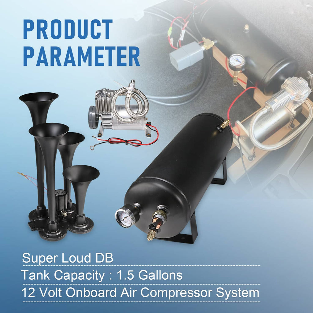 Black air compressor and horn tank set with four trumpet horns