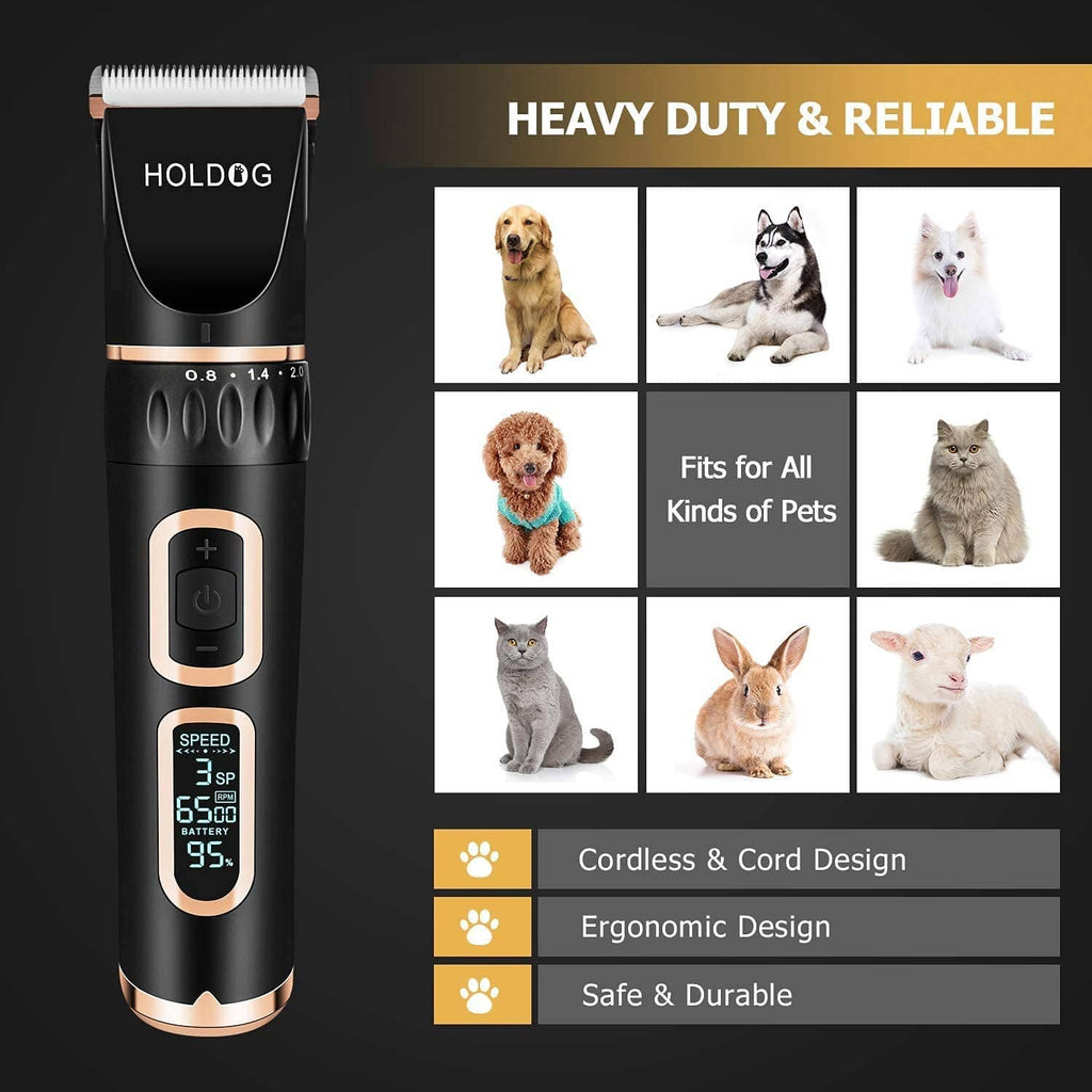 HOLDOG clippers on black with feature list and pet compatibility icons