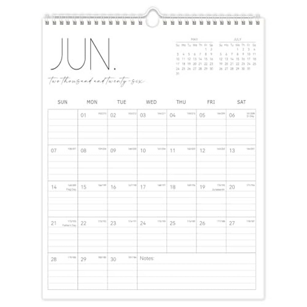 White vertical wall calendar with ring hanger, monthly date grid and notes lines