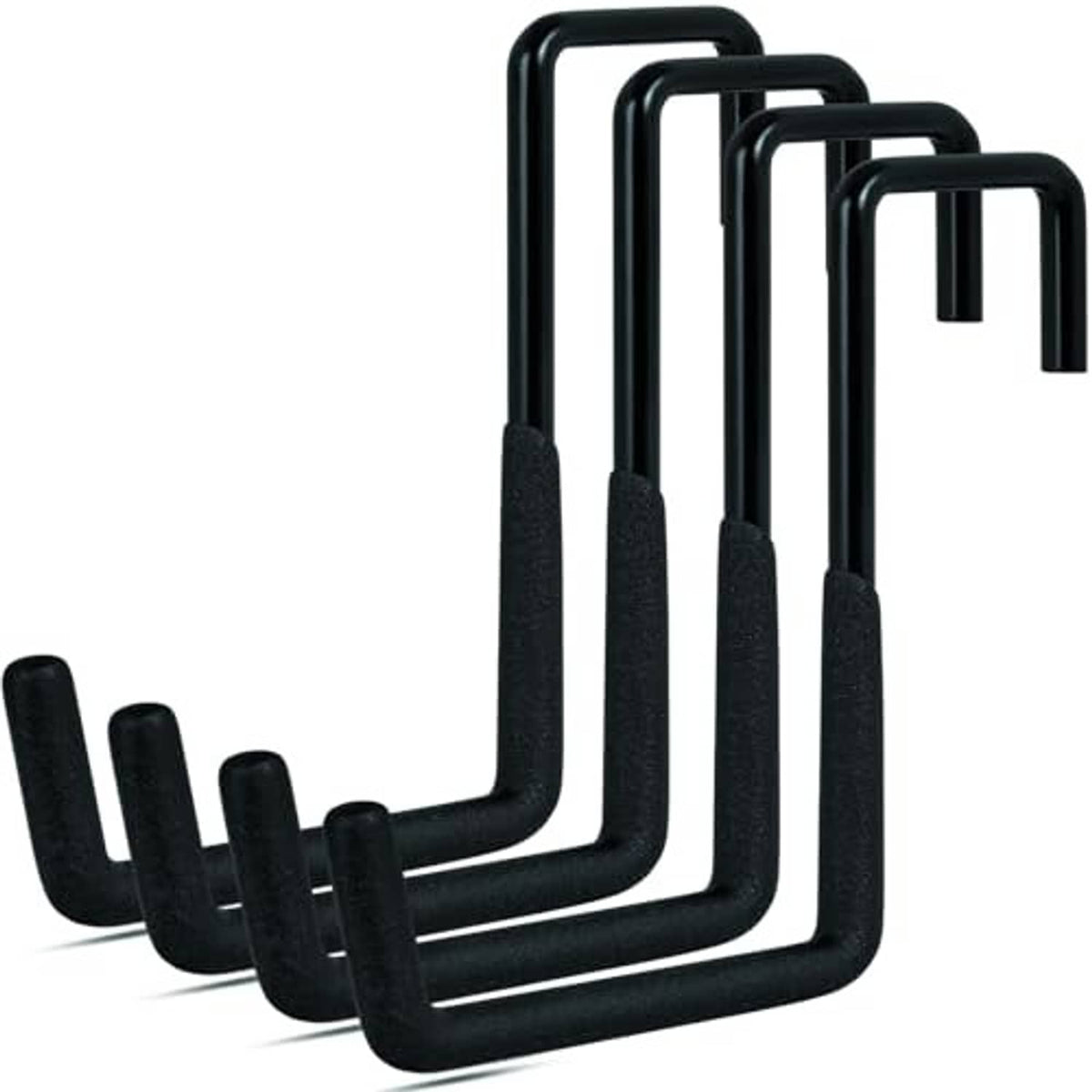 Four black U-shaped rafter hooks with textured grip ends for heavy-duty hanging