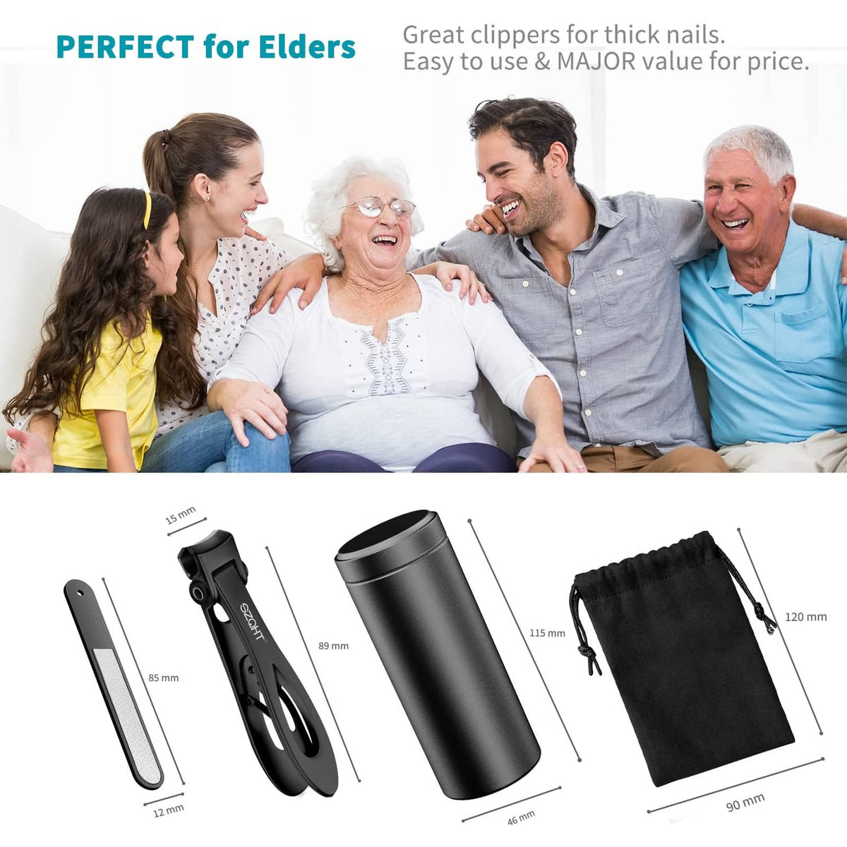 Black nail clipper tool with included protective storage pouch