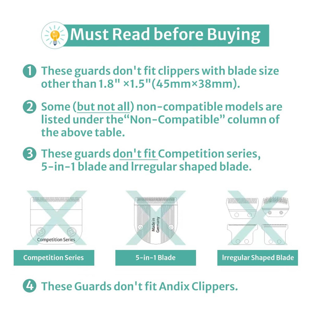 Clipper guard compatibility guide with do-not-fit icons and model selection notes