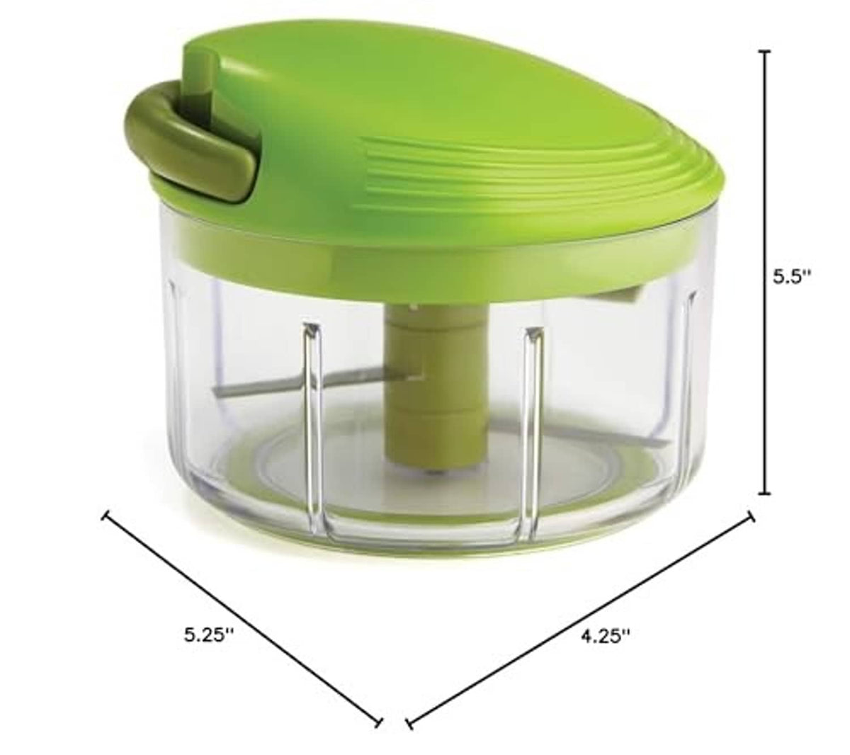 Green pull-cord manual food chopper dimensions shown for clear 2-cup container