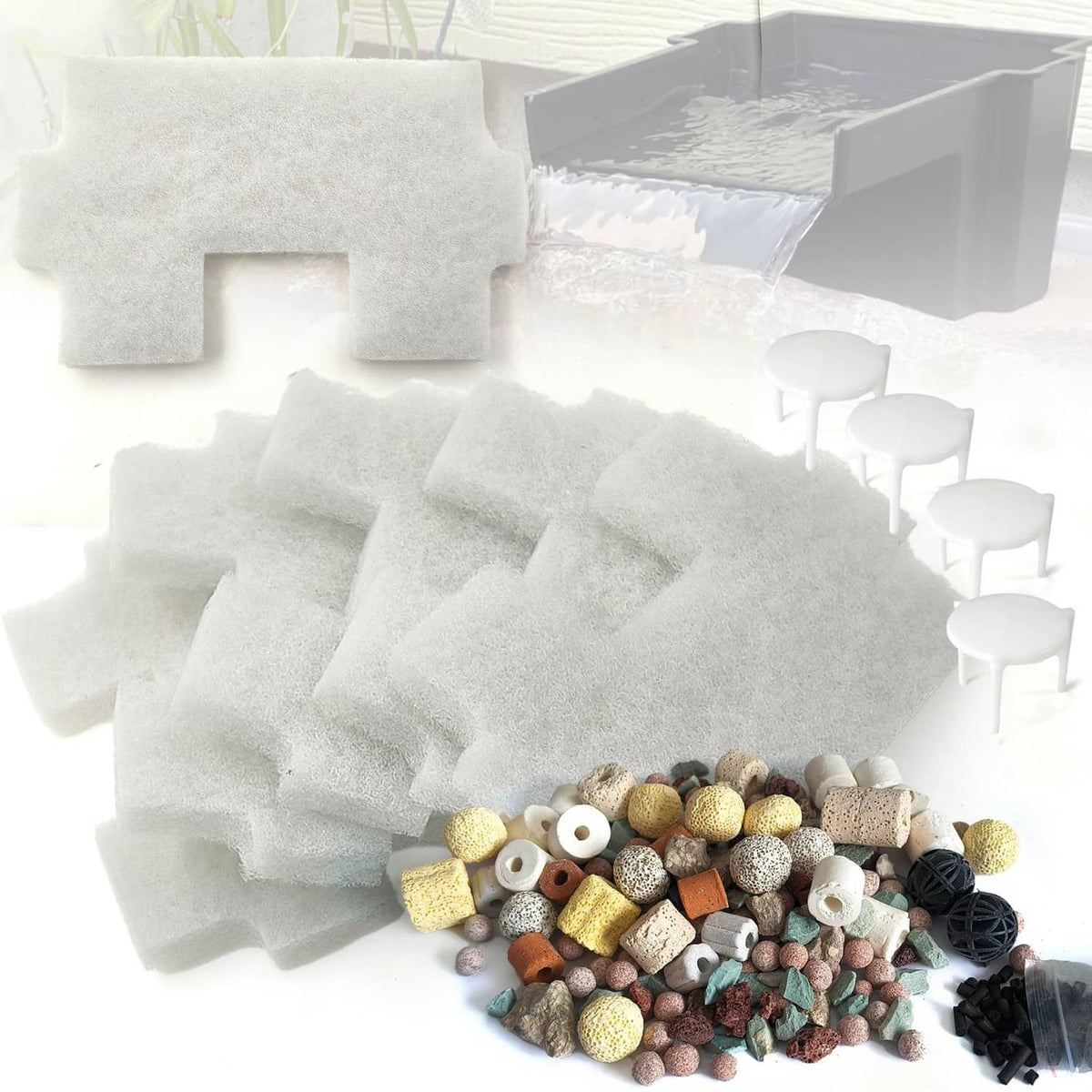 White pond waterfall filter media pads with mixed ceramic rings