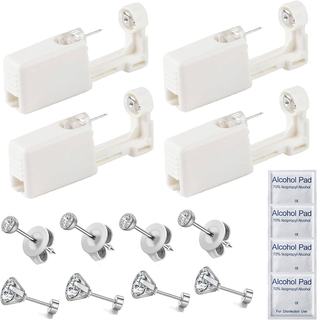 Disposable ear piercing kit set: four white guns, round clear CZ studs, alcohol pads