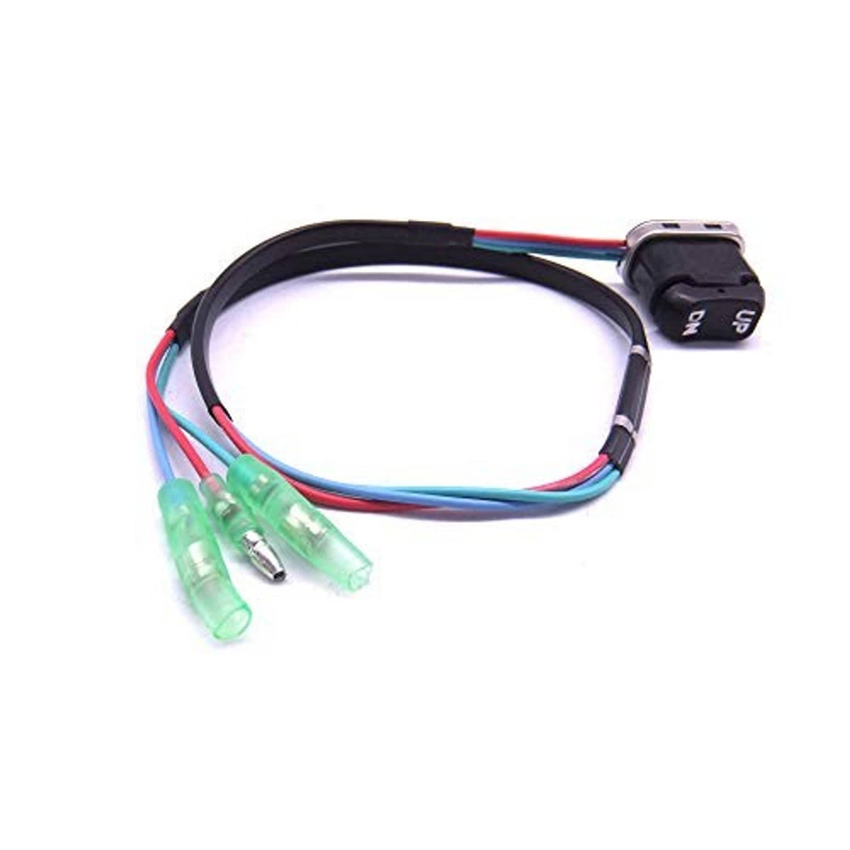 Outboard trim and tilt switch wiring harness with black button labeled UP and DN