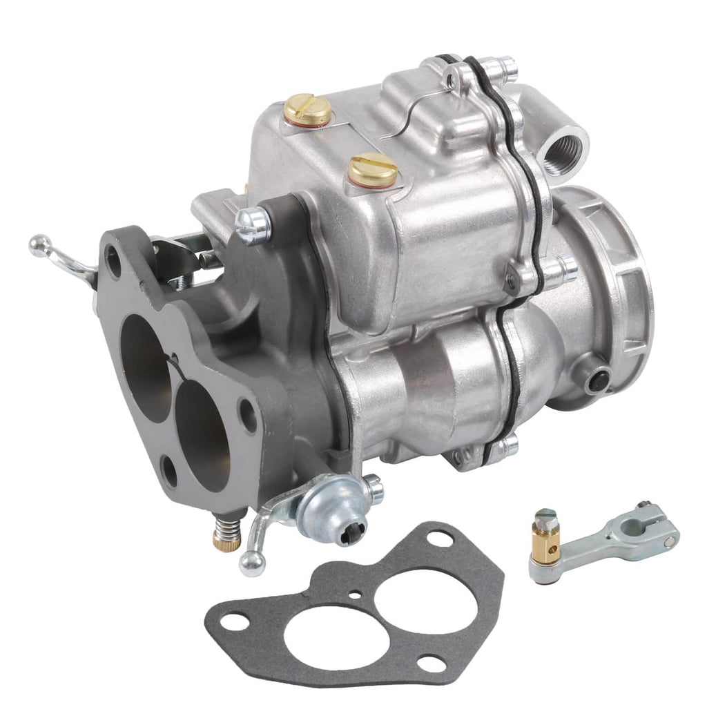 2-barrel carburetor assembly with silver housing, black mounting flange, and linkage