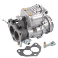2-barrel carburetor assembly with silver housing, black mounting flange, and linkage