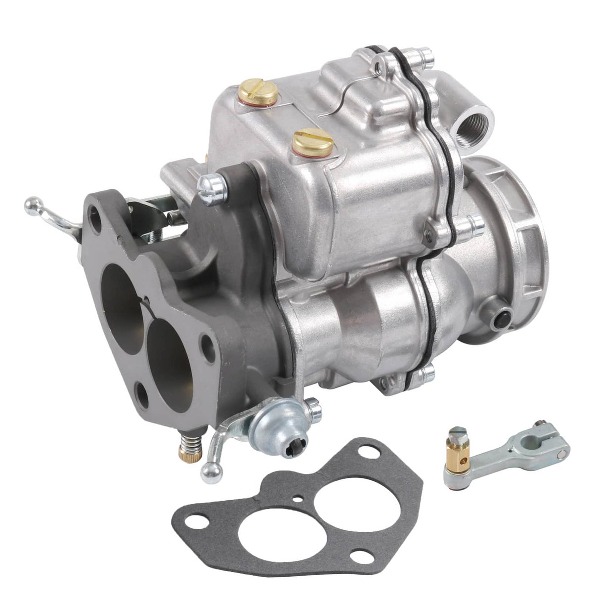 2-barrel carburetor assembly with silver housing, black mounting flange, and linkage