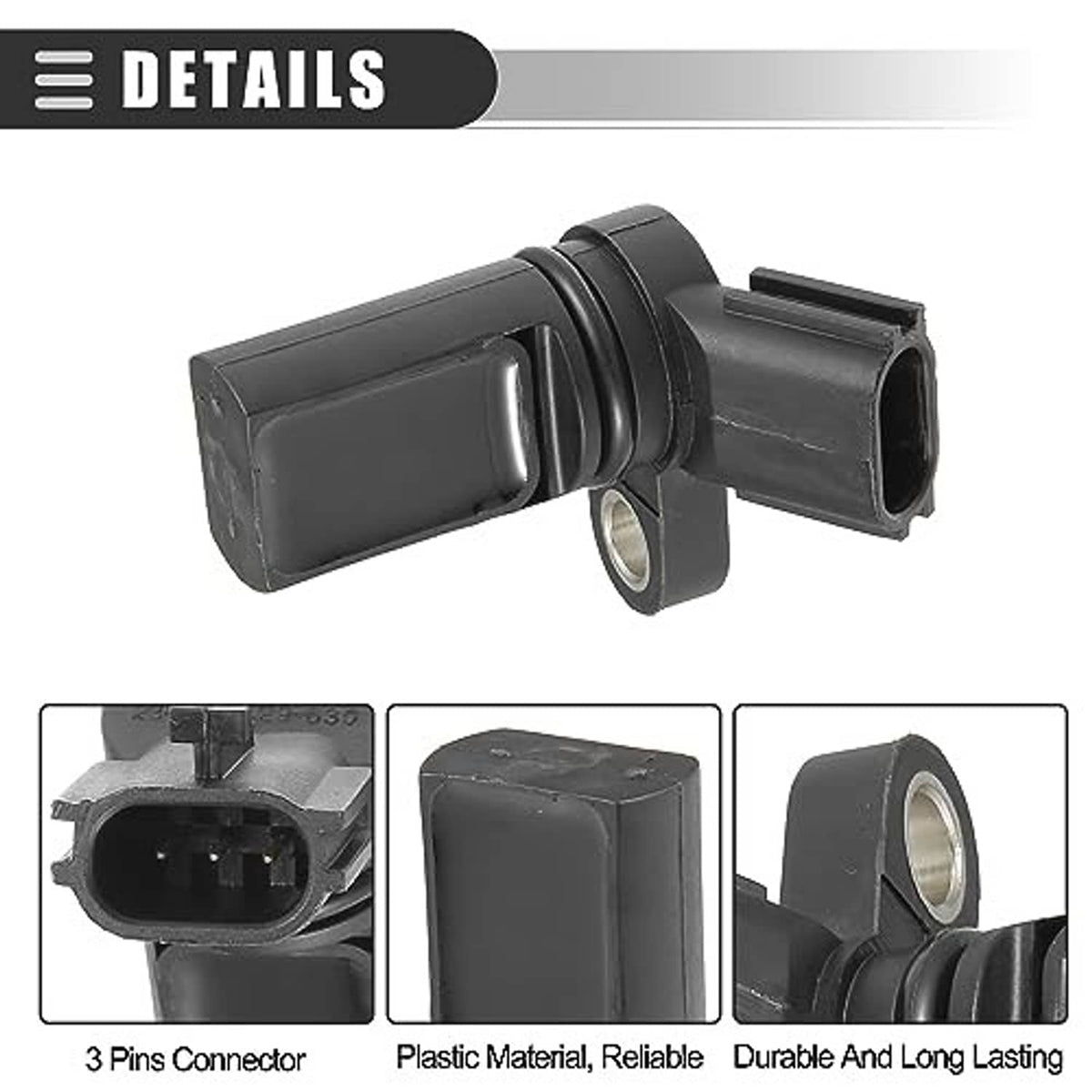 Camshaft position sensor with black plastic body, 3-pin connector detail
