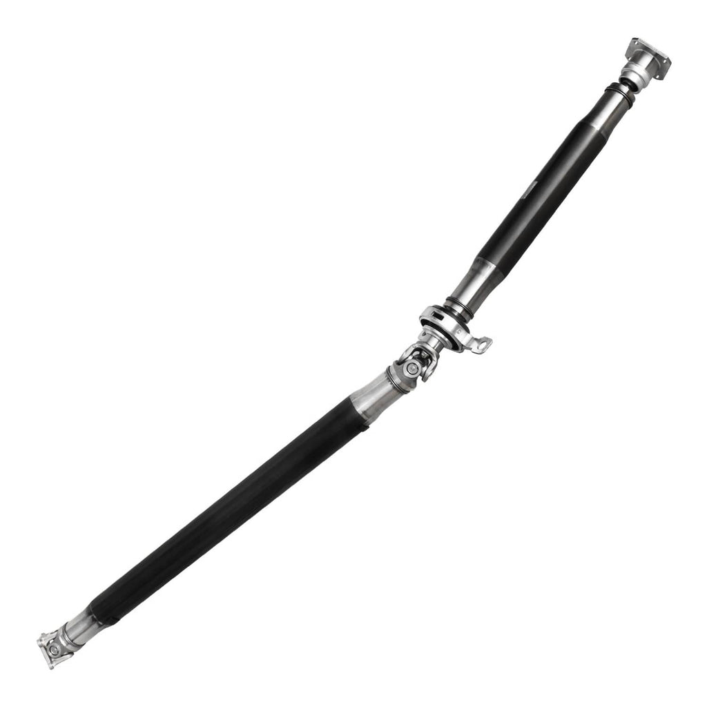 Rear driveshaft prop drive shaft in diagonal view with end yokes and brackets