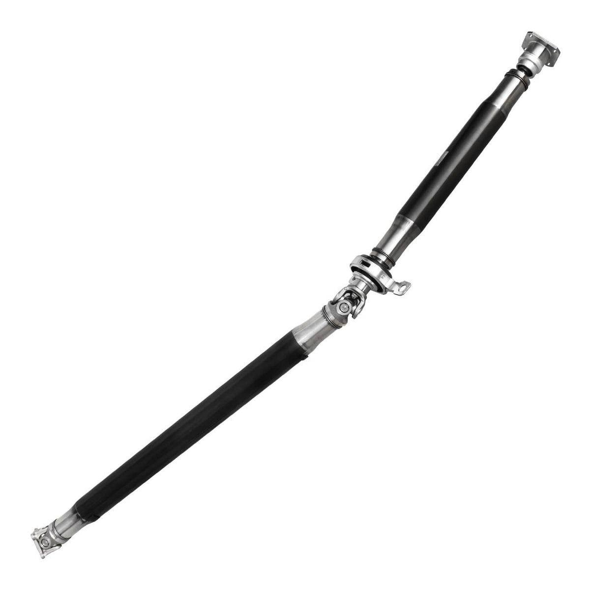 Rear driveshaft prop drive shaft in diagonal view with end yokes and brackets