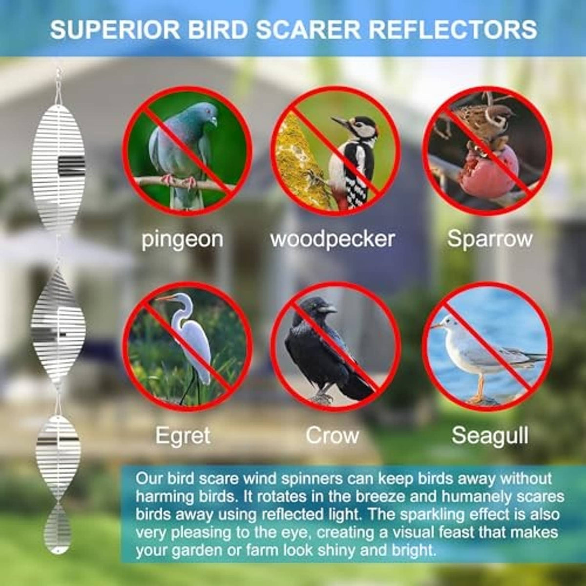 Hanging stainless steel bird-scarer reflectors with circular no-bird icons on display