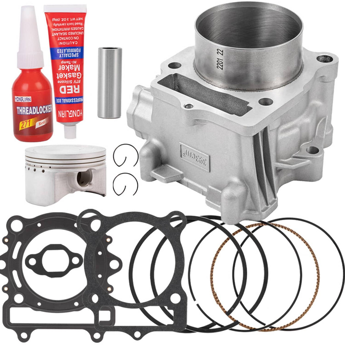 Cylinder and piston assembly with piston rings, gaskets, and Threadlocker bottle