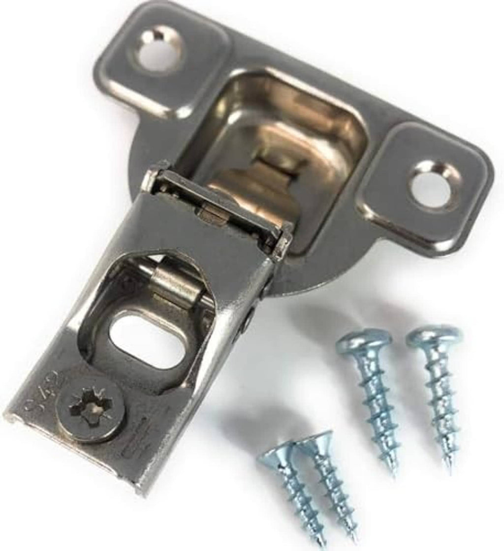 Nickel-plated overlay hinge bracket with screws included and two mounting holes