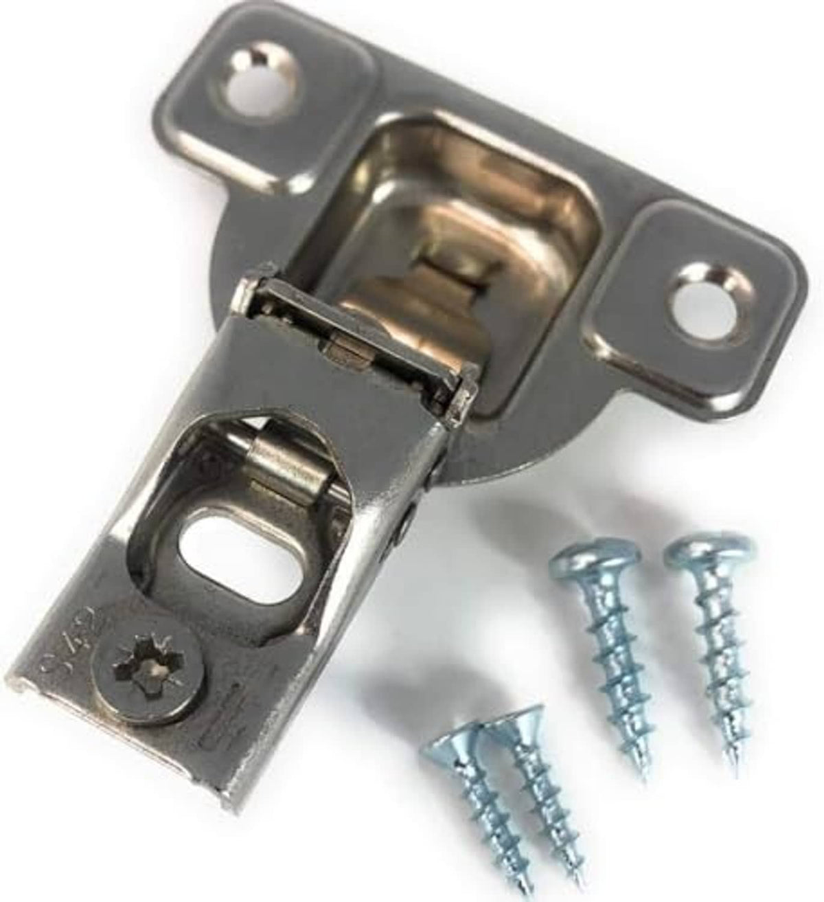 Nickel-plated overlay hinge bracket with screws included and two mounting holes