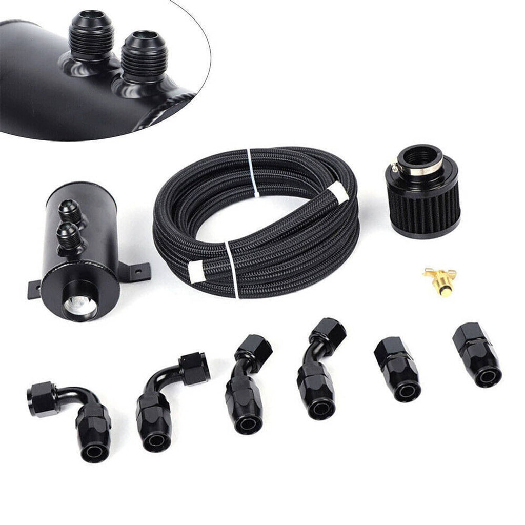 Black oil catch can tank kit with braided hose coil, two ports, and multiple hose fittings