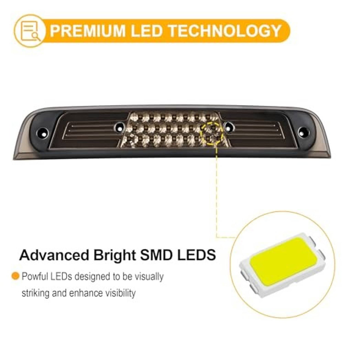 LED third brake light unit with central SMD LED strip and side mounting points.