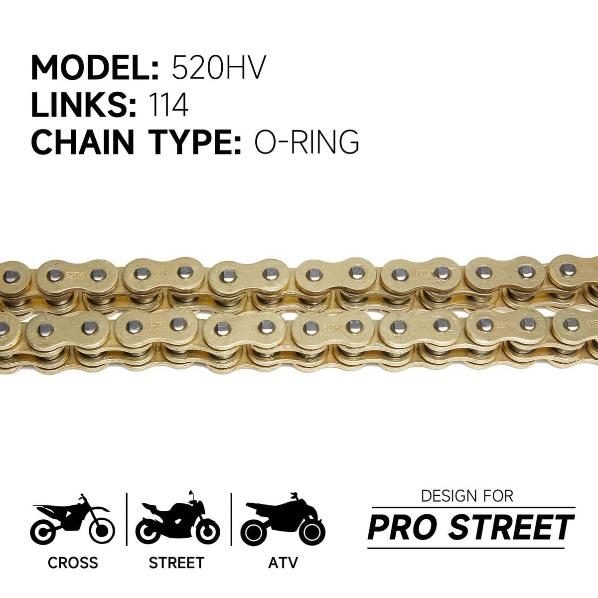 Gold-toned 520 O-ring motorcycle chain, side view of 114 links