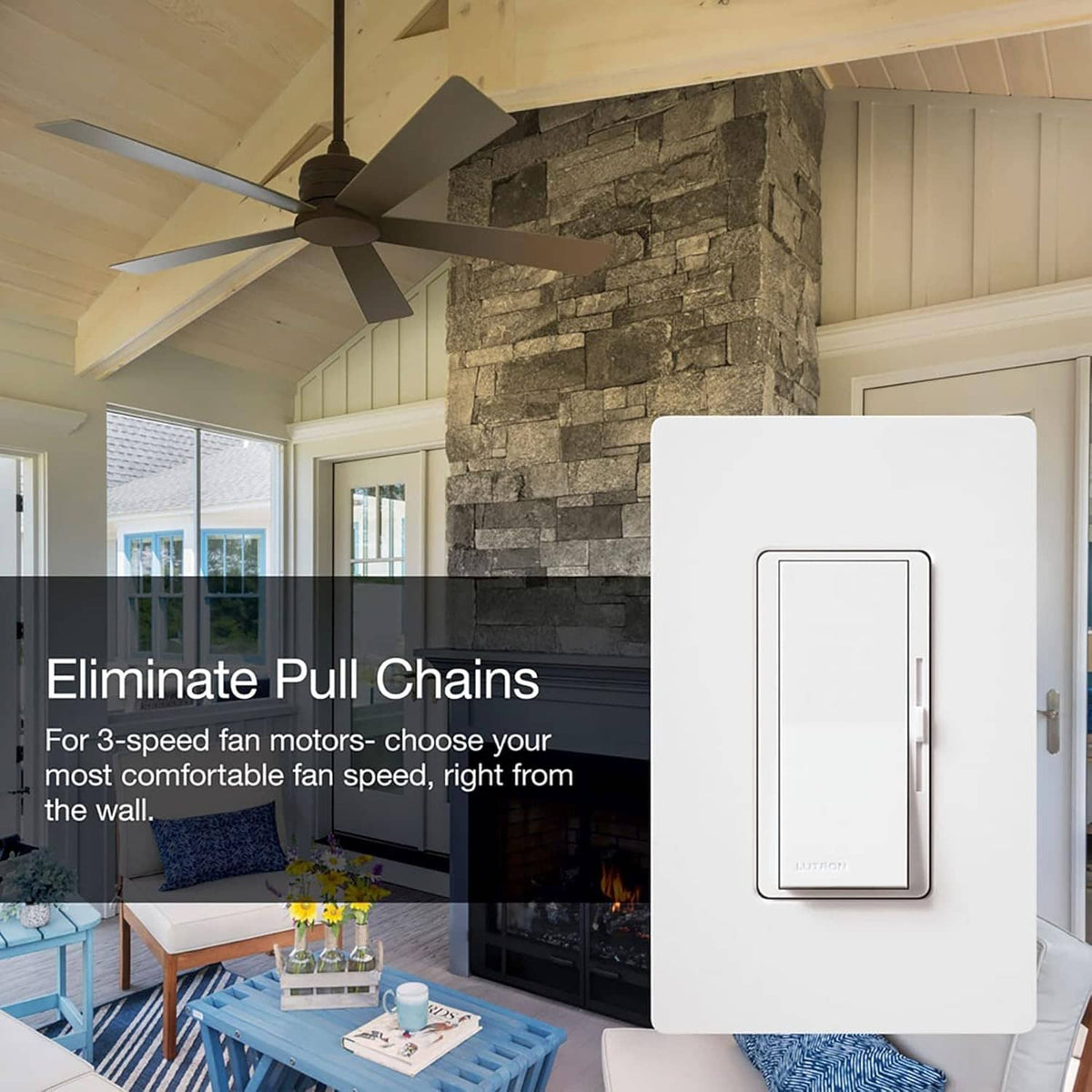 White fan speed control wall switch mounted on wall near a ceiling fan