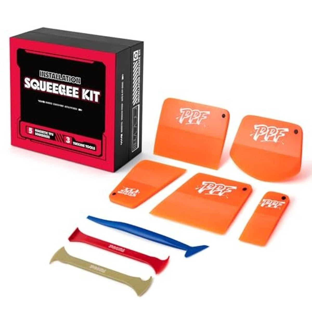 TPU squeegee kit with orange PPF squeegees plus blue and beige blades, five sizes.