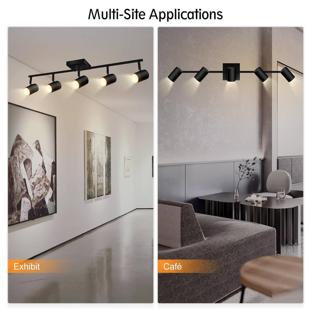 Black track lighting with five cylindrical spotlights for directional illumination