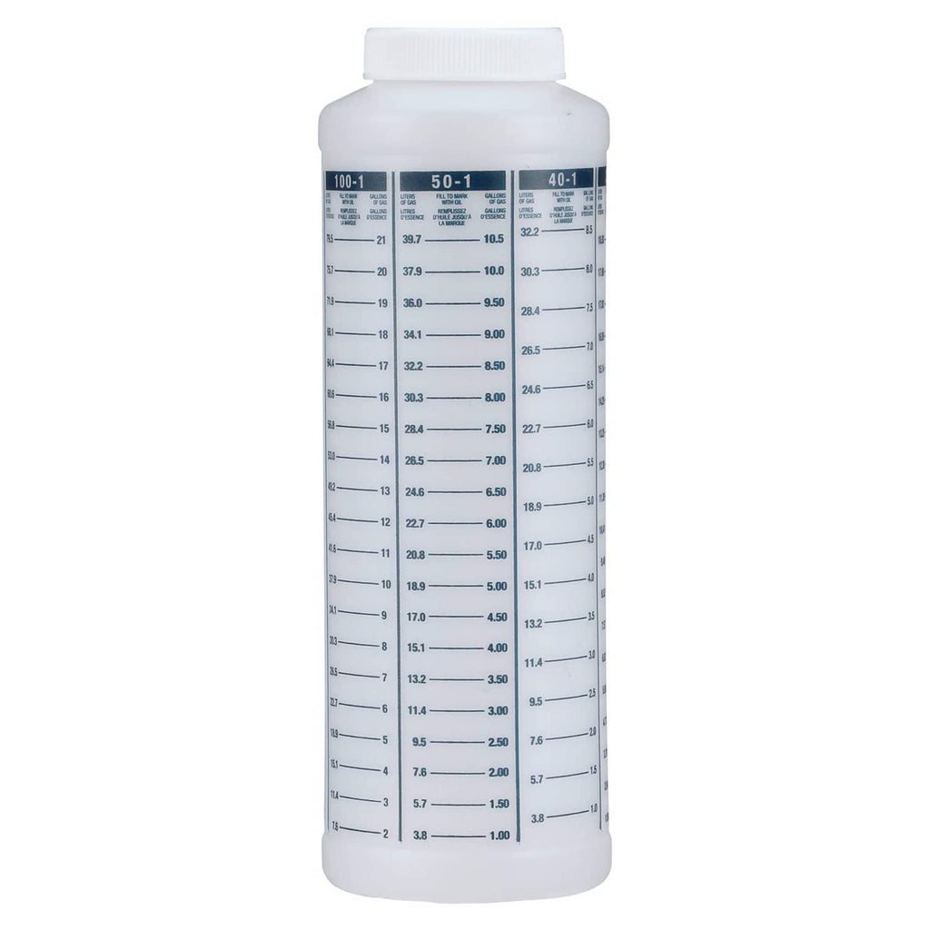 White wide-mouth marine fuel and oil mixing bottle with measurement scale, 1-quart