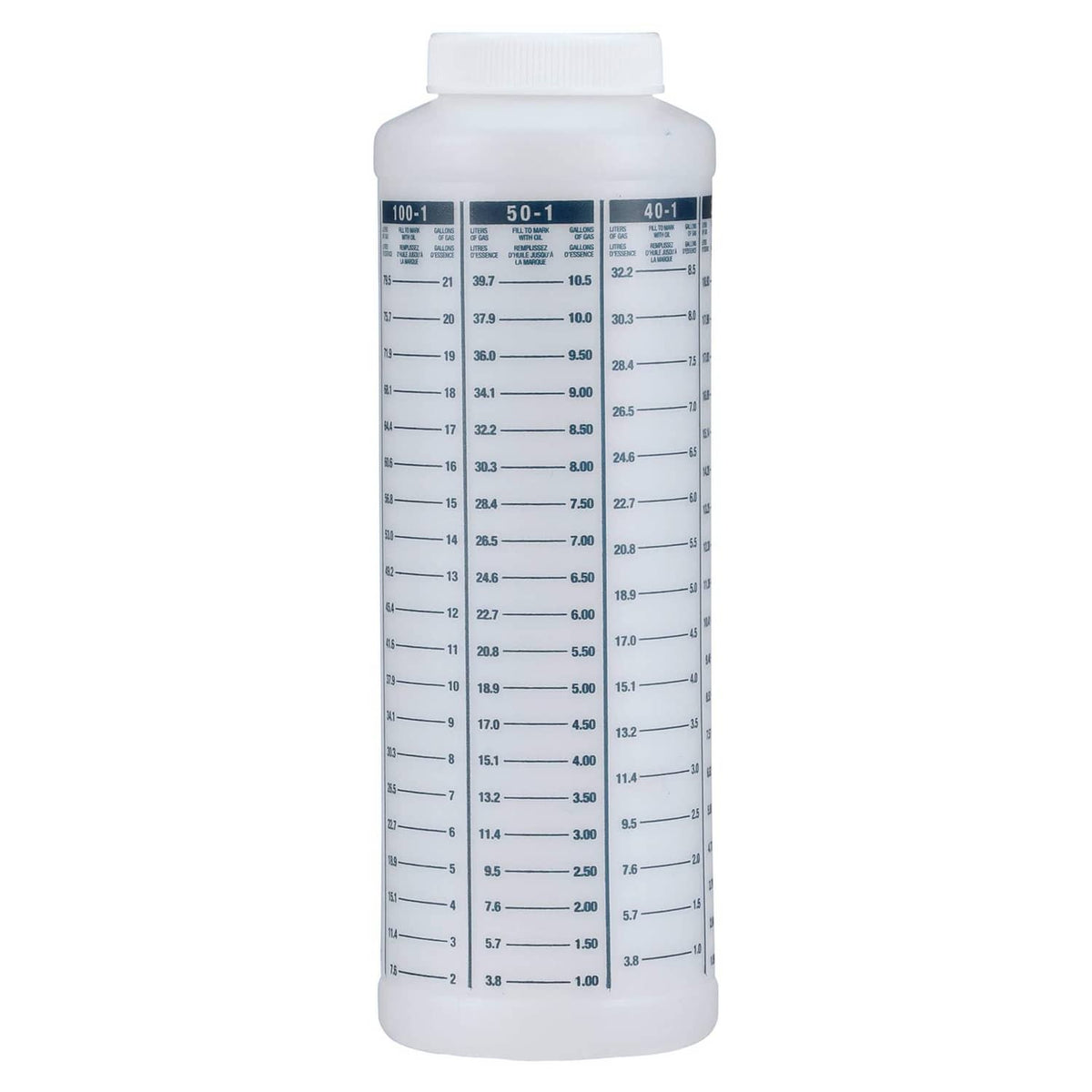 White wide-mouth marine fuel and oil mixing bottle with measurement scale, 1-quart