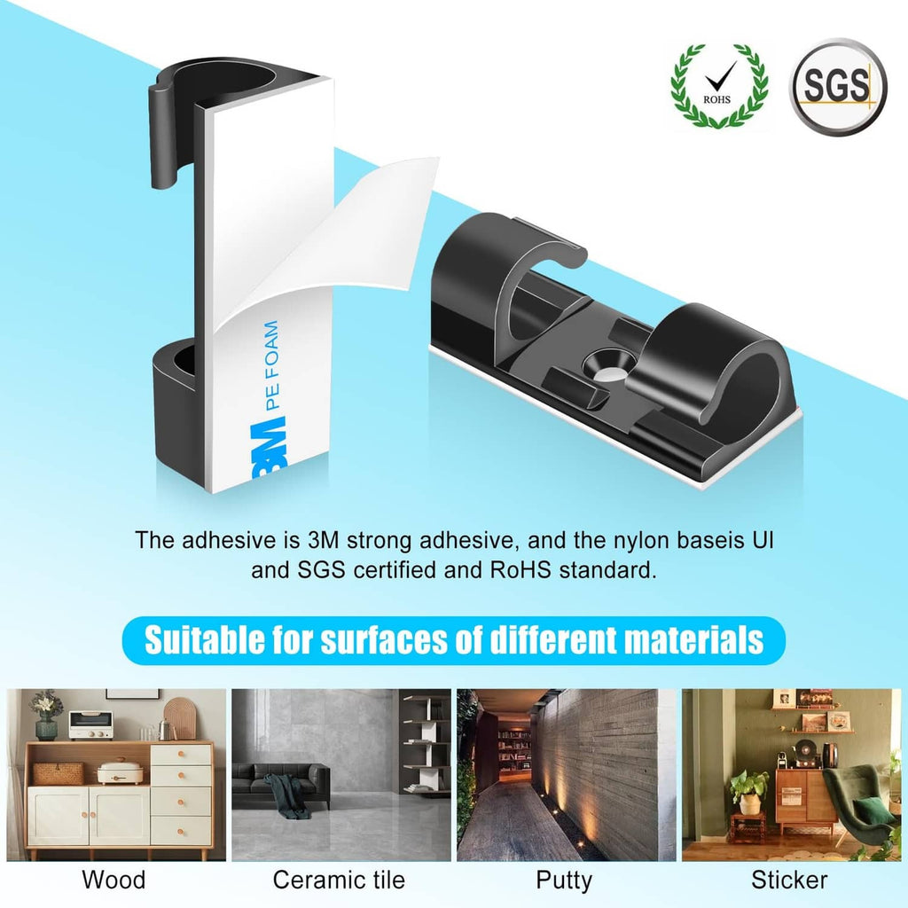 Black self-adhesive cable clips with plastic bases for securing wires